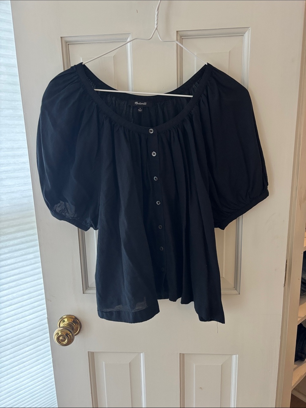 Madewell Black Puff-Sleeve Button Front Blouse 50% cotton